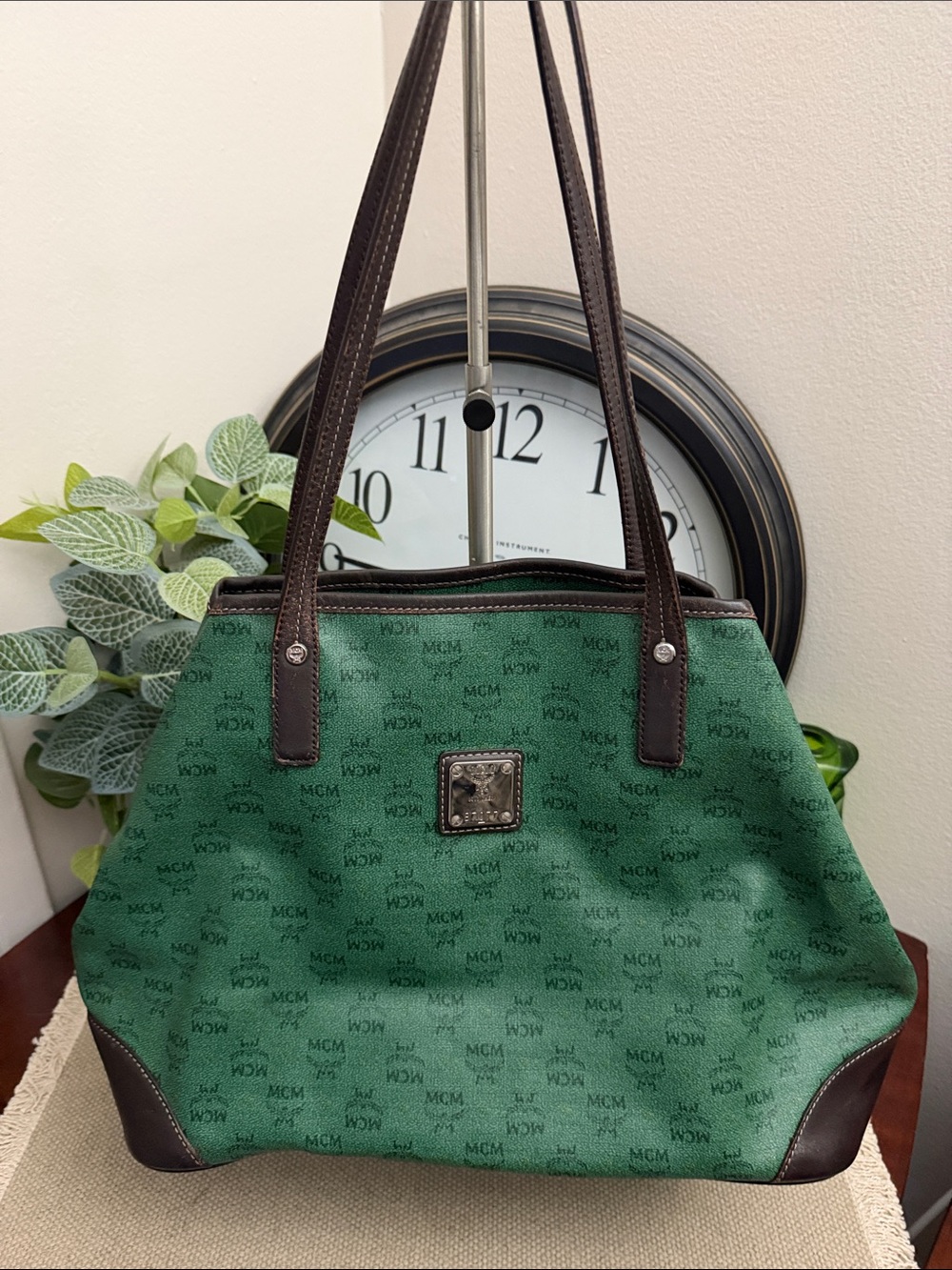 MCM Green Canvas Tote with Dark Brown Leather Trim